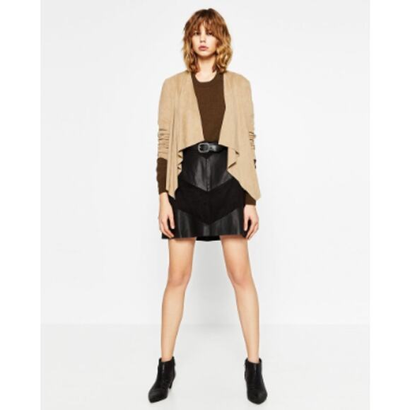 Zara Waterfall Collar Open Front Jacket Women's Size XS in Khaki Suede - Picture 2 of 10